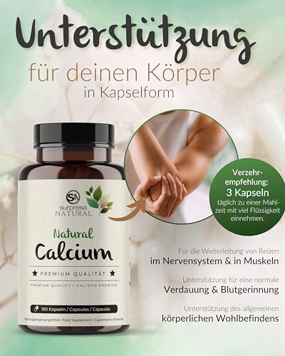 Surpresa Natural Calcium Kapseln hochdosiert I 180 Kapseln I 230 mg natürliches Kalzium pro Kapsel I natürliches, aus Algen gewonnenes Kalzium I Nahrungsergänzungsmittel vegan & laborgeprüft