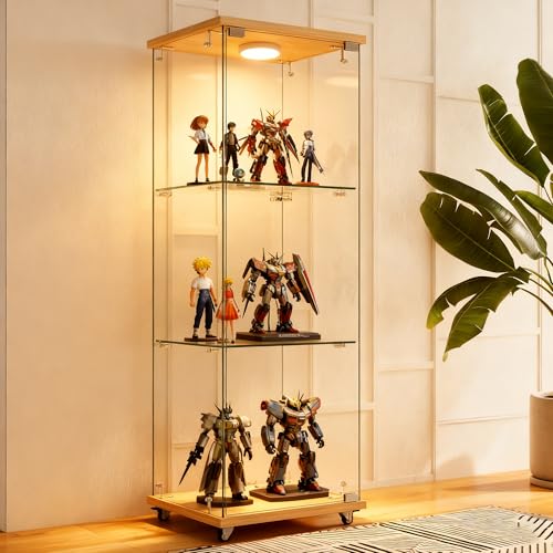GAWYOEX Vitrina de cristal de 3 capas, 42,5 x 37 x 121,7 cm, con LED y puertas, vitrina de colección, armario de cristal para dormitorio, oficina, salón y cocina (1 puerta/color madera)