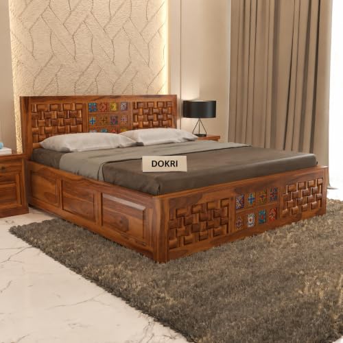 Image of Furniture Sheesham Wood King Size Bed with Storage Box | Wooden Box Bed King Size Double Cot Bed with Storage for Bedroom | Premium Niwar Tile Design Headboard Bed for Living Room