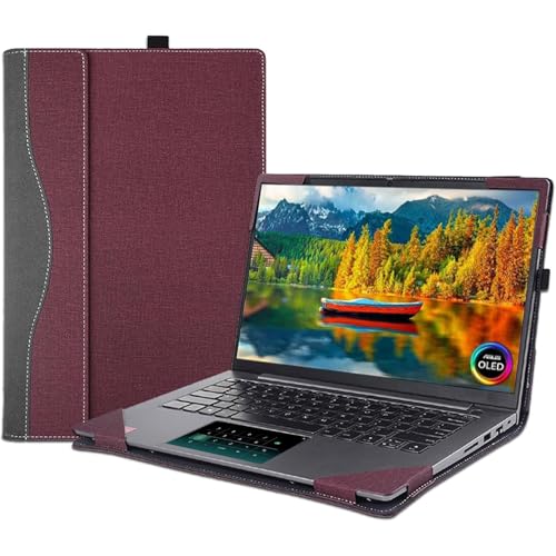 Protection Asus Zenbook 14 OLED housse cuir PU rabat porte-stylo dissipation chaleur rouge