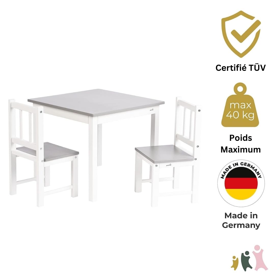 Grupo de asientos Geuther ACTIVITY | Juego con mesa de madera y 2 sillas para niños | Mesa para niños con sillas de madera | Diseño moderno | Altura ideal para niños | Gris/Blanco