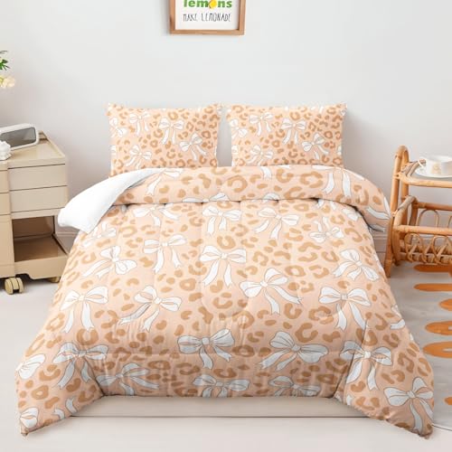 Image of AILONEN Nude Leopard Comforter Queen 3 Piece Coquette Bowknot Bedding Ultra Soft Microfiber Quilted Duvet Alternative Master Bedroom Decor Vibrant Beige Blanket 2 Cases