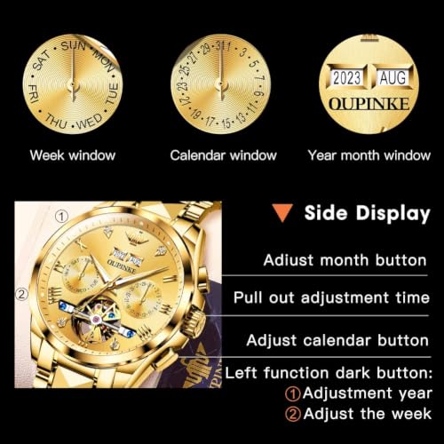 Image of OUPINKE Automatic Watches for Men Skeleton Mechanical Self Winding Luxury Business Dress Wrist Watch Diamond Tungsten Steel Sapphire Crystal Calendar Waterproof Luminous