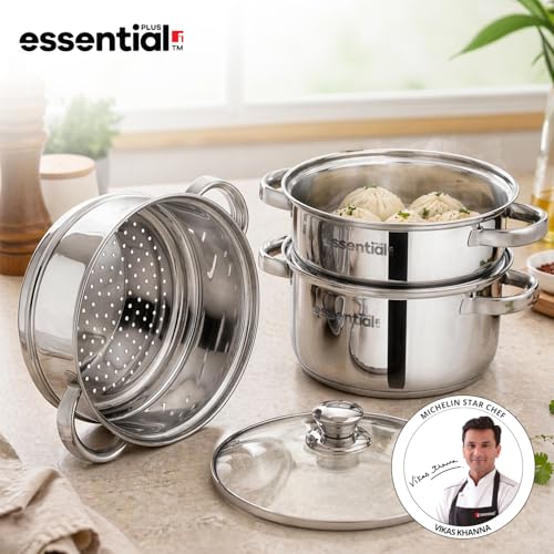 Image of Essential Plus Stainless Steel 3 Tier Steamer with Glass Lid (20cm), 3L Base Pot, Multi-Purpose Steamer for Momos, Modak, Vegetables and More, Compact Design - Induction and Gas Stove Ready