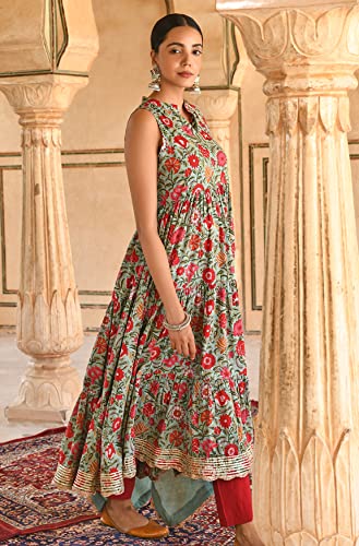 Janasya Indian Women's Cotton Sea green Floral Print Festive Wear Kurta Set for Women3
