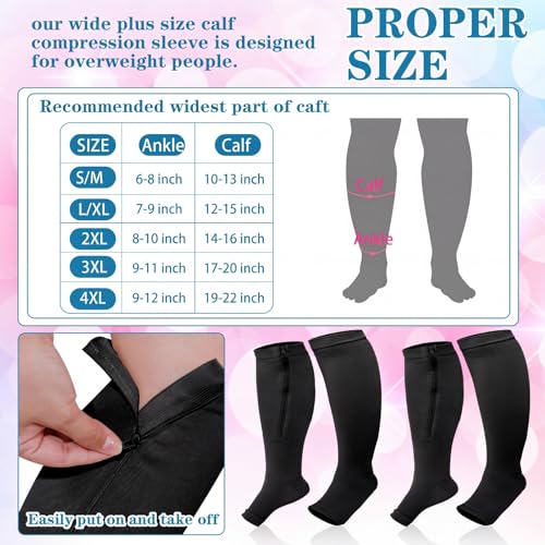 Image of Hillban 2 Pair 15 - 25 Mmhg Wide Plus Size Calf Zipper up Compression Socks for Women Men(4 XL,Black)