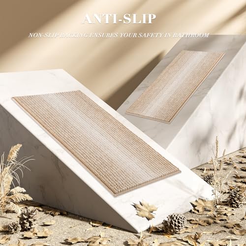 BSICPRO Bathroom Rugs and Mats Sets, 2 Piece Thick Absorbent Chenille Bath Mat Rug Set Non Slip, Soft Shaggy Bath Room Floor Mats for Bathroom, Machine Washable (Beige, 24" x 70" Plus 20" x 32")