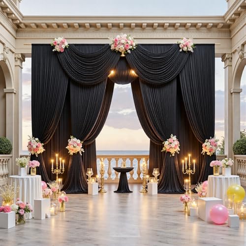 20x15ft Black Backdrop Curtains for Parties - 4 Panels 5x15ft Wrinkle-Free Silky Polyester Drapes for Wedding Birthday Decorations & Graduation Background