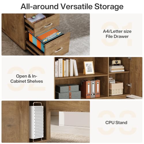Image of Tribesigns 85.8-Inch L-Shaped Executive Office Desk with File Drawers & Storage Cabinet, Professional Corner Computer Desk Extra Large Business Workstation with Adjustable Shelves, Light Brown
