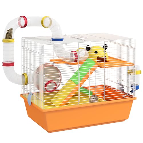 PawHut Hamster Cage, 3 Tiers Gerbil Cage for Dwarf Hamsters with Tubes, Exercise Wheel, Ladder, Water Bottle, Dish, Hut, Top Handle, 45 x 28 x 37cm - Orange