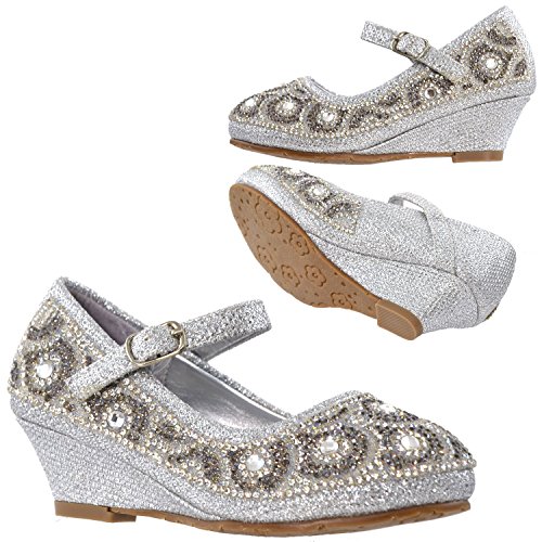 Generation Y Kids Wedge Pumps Dress Low Heel Girls Shoes Glitter Rhinestone GY-KS-SUN-014