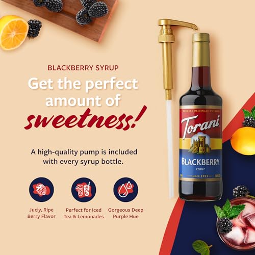 Image of Torani Blackberry Syrup for Drinks, Flavoring for Iced Tea, Lemonade, and Sodas, Glass Bottle with Pump Included, 25.4 Fl Oz