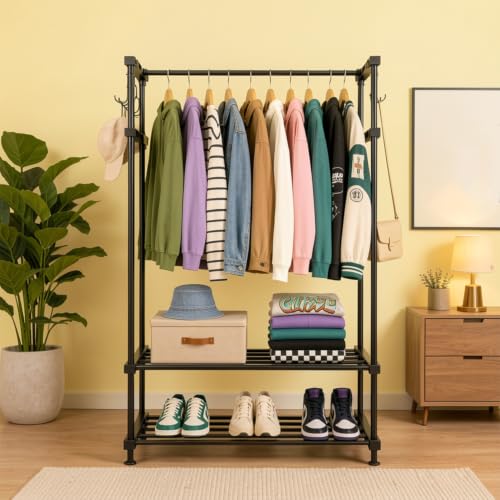 Image of LEOPAX Metal Clothes Rack with 2 Storage Shelves & 10 Hooks, Freestanding Cloth Stand, Garment Rack and Coat Hanger for Bedroom, Living Room & Entryway, Heavy Duty Clothing Organizer, Black