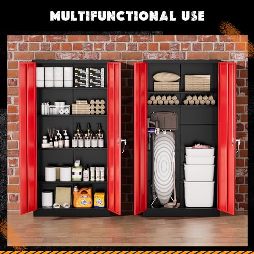 Image of Greenvelly Metal Storage Cabinet with Doors and Adjustable Shelves,72 inch Black Red Locking Steel Garage Cabinet with Lock, Metal Tool Cabinets for Garage,Home Office,School