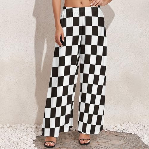 VOSERY Palazzo Pants for Women - Black and White Checkerboard Comfy Casual Womens Wide Leg Pants Baggy Lounge Pants3