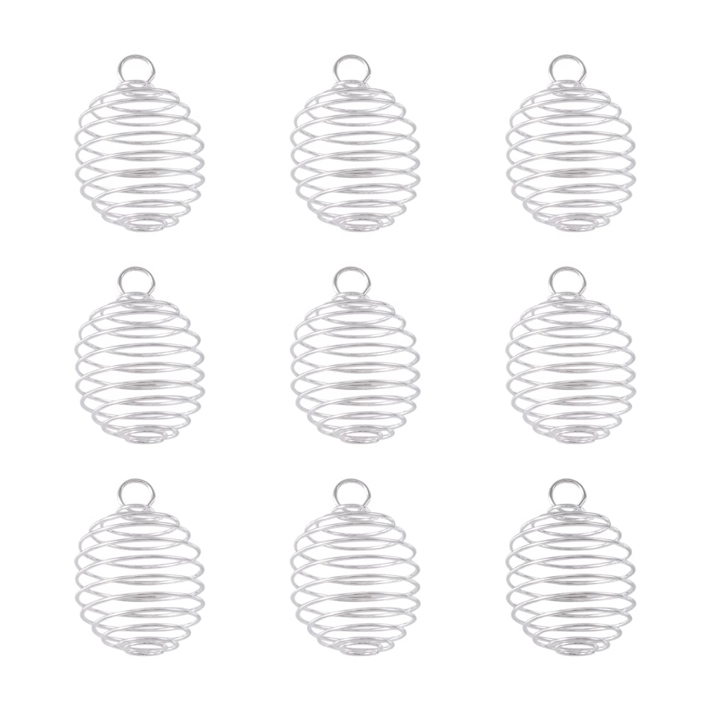 PandaHall 200pcs Iron Spiral Bead Cage Pendants 15~16x14mm Silver Round Crystal Pearl Lava Stone Holder Wire Locket Cages Charms for Necklace Earring Jewelry Making