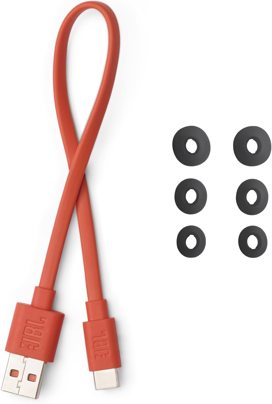 JBL Tune Buds package contents: USB-C charging cable and three pairs of ear tips.