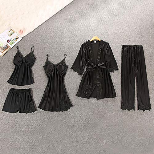 AIYASIWEI Stylish and soft Fashion 5 PCS Pijamas Women Silky Sleepwear women's Lace Night Gown Sexy Female Robe Bathrobe Ladies Night Dress Plus Size (Color : Black, Size : M)