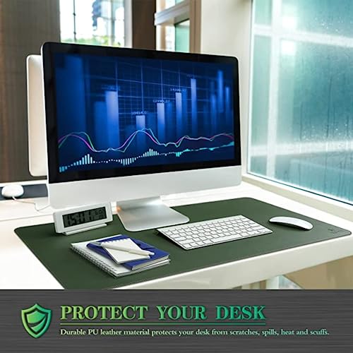 Image of AROPANA Vegan Leather Desk Mat | Large Reversible Mouse Pad & Computer Table Protector | Dual-Side Waterproof Extended Laptop Pad with Edge-Stitched Design (70 x 35 CM, Deep Green & Grey)