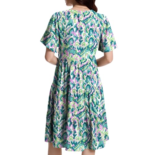 Image of Womens Casual Tiered Swing Midi Dress Ruffle Sleeve V Neck A Line Petite Summer Dresses with Pockets