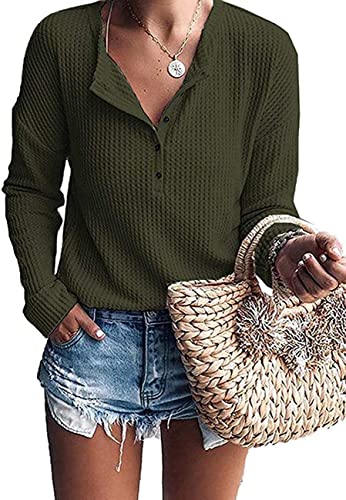 Image of MOLERANI Womens Long Sleeve Waffle Knit Henley Shirts Tunic Tops