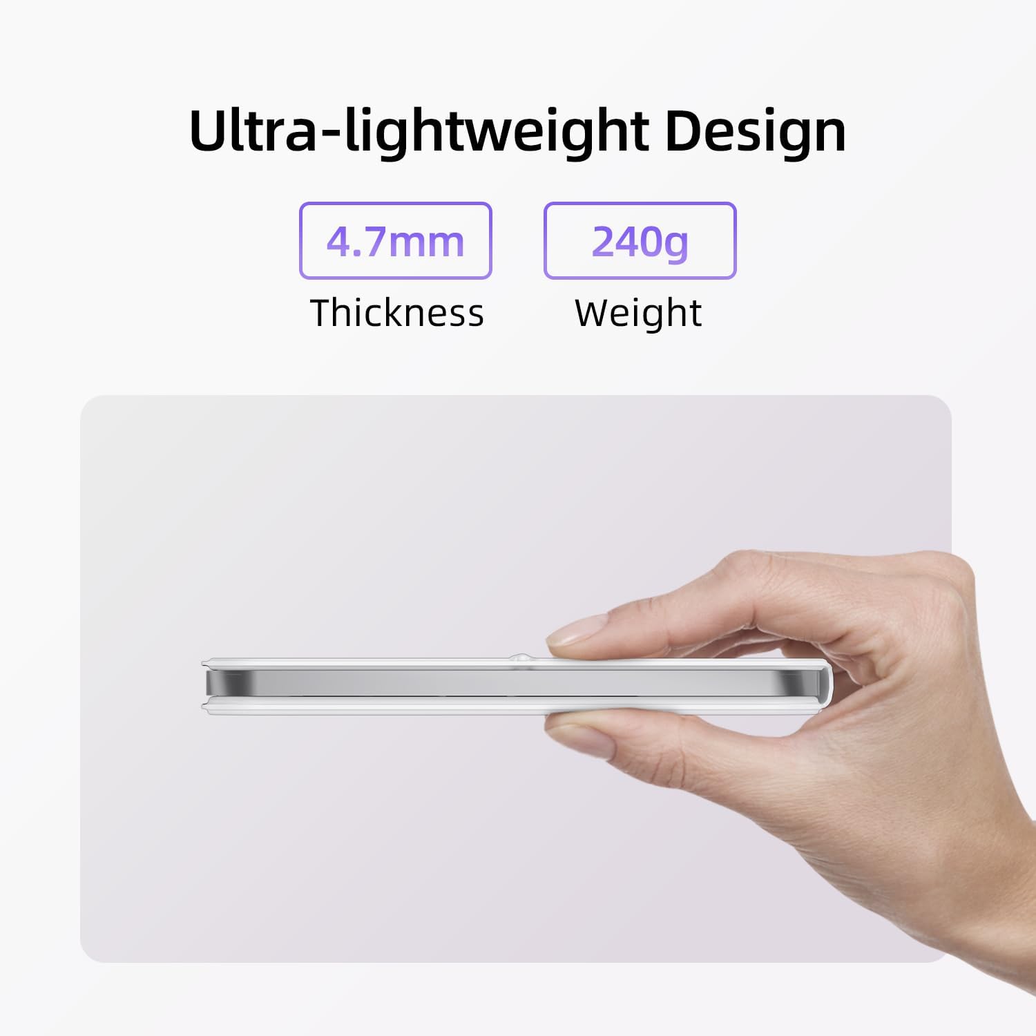 Lado view of the HOU Keyboard Case, illustrating its ultra-lightweight design with a thickness of 4.7mm and weight of 240g.