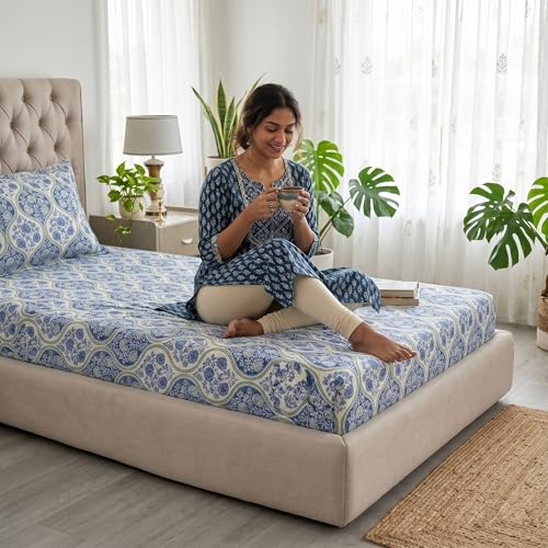 Image of Mafatlal Grace Cotton Single Bedsheet Combo Pack of 2 with Pillow Covers | 180 TC Premium Soft Cotton | Contemporary Printed Single Bedsheets | Royal Blue & Powder Blue