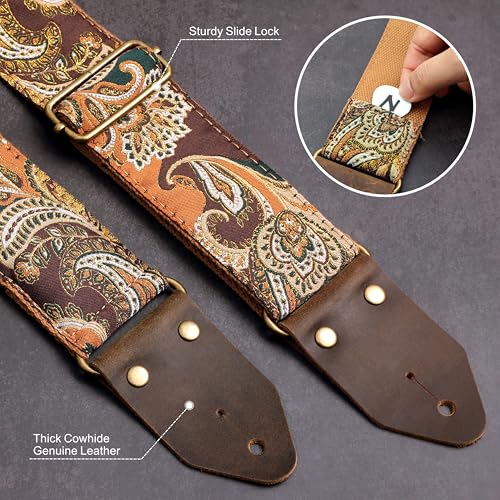 Image of Nefelibata Guitar Strap,Crazy Horse Leather Jacquard Embroidery Cotton Guitar Straps for Bass, Electric & Acoustic, Best Gifts for Guitarists(Golden Silk Brown Flower)