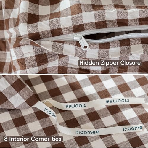 Image of MooMee Gingham Duvet Cover Set 100% Washed Cotton Linen Like Textured Breathable Durable Soft Comfy Modern Checkered Design (Classic Gingham Cocoa Brown, Queen 90 inchx90 inch)