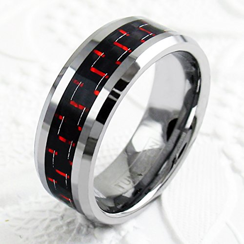 King's Cross Dazzling 8mm Silver-Tone Tungsten Carbide Wedding Band w/Red & Black Carbon Fiber Inlay3