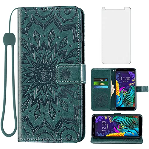 Phone Case for LG Aristo 4 Plus 4+/Tribute Royal X320/Escape Plus/Journey LTE L322DL/K30 2019/Arena 2/X2 2019/Prime 2 Wallet with Tempered Glass Screen Protector Flip Cover Card Holder Dark Green