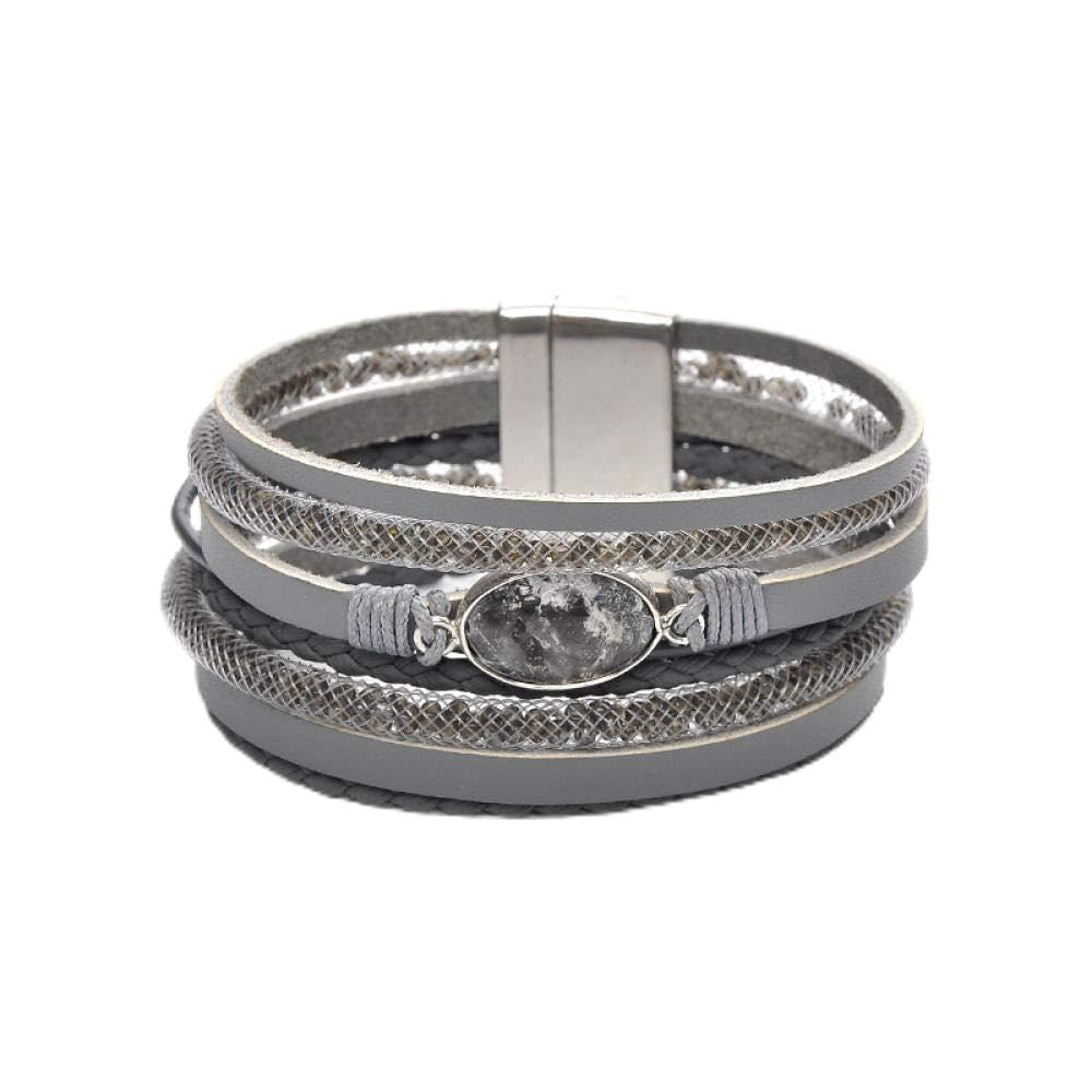 Pulsera De Cuero Para Mujer,Pulsera De Cuero Retro De Múltiples Capas Gris Moda Simple Accesorios De Piedra Natural Pulsera Hebilla Imán Pulsera Ancha De Moda Accesorios De Ropa Personalizados Joyerí