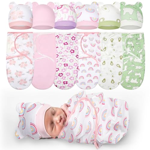Image of Ramede 6-Pack Preemie Baby Swaddle Blankets with Hats, Breathable 100% Cotton Baby Swaddles, Suitable for Preemie Babies and Newborns, Soft Cotton, Adjustable(Flower,Pink and Green)