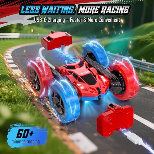 Image of Hamdol STEM Remote Control Car for Kids, 360 Spinning Double-Sided Coloured Design RC Stunt Car with LED Lights, USB-C Rechargeable Educational Toy for Boys Ages 6-12, Ideal Birthday