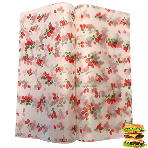 Suiwen 150Pcs Summer Strawberry Wax Paper, Food Picnic Paper, Greaseproof Deli Paper, Waterproof Dry Hamburger Paper Liners Wrapping Tissue For Plastic Food Basket 25 * 22Cm (9.8 * 8.6Inch)