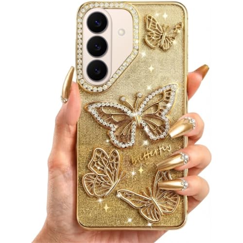 Image of Elzzi Electroplated Butterfly Phone Cover for Samsung S26 Plus Case, Showcasing Pearlescent Diamond Soft TPU, Camera Protection, Shockproof, Dropresistant Stylish for Girls & Women (Gold)