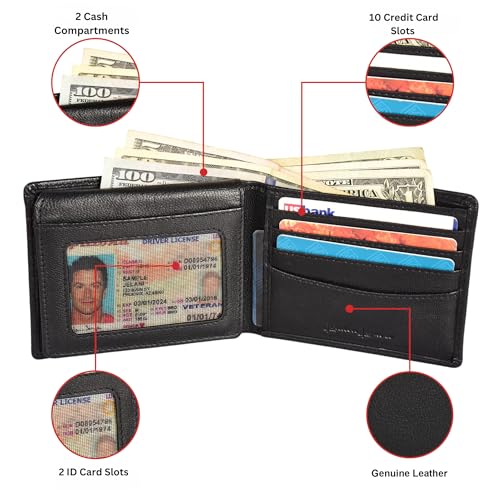 Black Top Grain Leather Wallet for Men | RFID Blocking | Extra Capacity Slim Bifold Wallet with 2 cash Comp, 2 ID &10 credit card Slots | Ultra Strong Stitching | Gift for Him (Black)2
