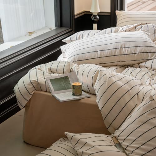 Image of Striped Comforter Set Queen Size Grey Stripes Pattern Printed Comforter 3 Pieces Lightweight Boho Bedding Comforter Set for All Seasons Breathable Soft Fluffy Beige Comforter with 2 Pillowcases