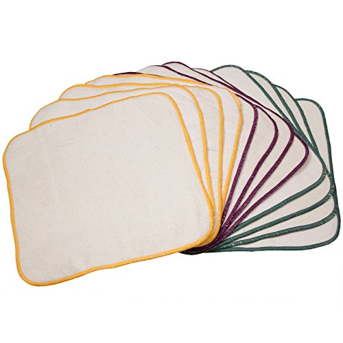 OsoCozy Terry Flannel Baby Wipes. Two Layered. Terry Velour on a Flannel Backing. Unbleached Ivory Color, 100% Cotton. 3 Attractive Stitching Colors Per Pack - 12 per Pack.