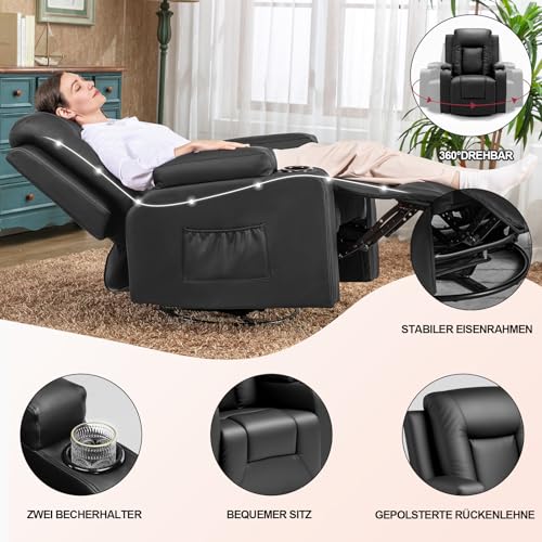 COMHOMA Relaxsessel Manuell Fernsehsessel mit Liegefunktion, TV-Sessel mit Seitengriff, Fußstütze, 360°drehbar bis 150 kg Belastbar, für Wohnzimmer, Schlafzimmer Schwarz – Bild 6