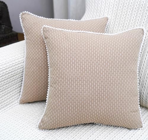 Image of mosey Cotton Cushion Cover 16 inch x 16 inch Set of2 | Boho Pillow Cover for Sofa 16x16 | 1616 Square Decorative Throw Pillows Cream 40cm x 40 cm Beige