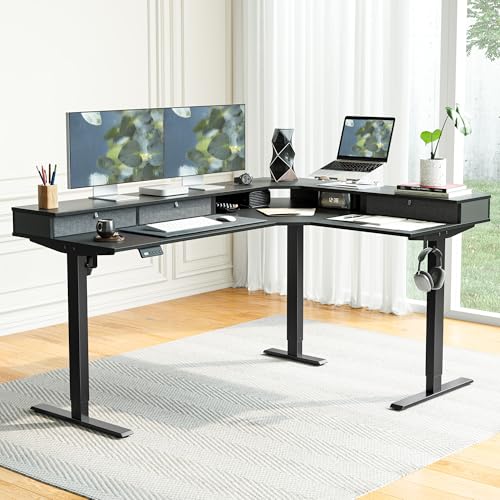 Image of FEZIBO L-Shaped Electric Standing Desk, 63 x 48 Inches Height Adjustable, Reversible Tabletop, Corner Desk with Drawers, Ergonomic Computer Table, Black Top