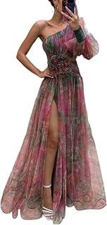 Women One Off Shoulder Maxi Dress – Summer Elegant Tie Dye Mesh Layered Slit Long Sundress, Flower Knot Decor Flowy Pleate...