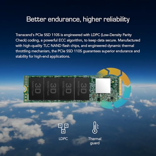 Image of Transcend MTE110 512GB M.2 2280 SSD, Up to 1,700 MB /s, Compatible w /Ultrabook /Laptop /PC /Desktop, PCIe NVMe Gen3x4 SSD, 3D TLC NAND Flash Internal Solid State Drive, LDPC Error Correction ECC /SLC Cache