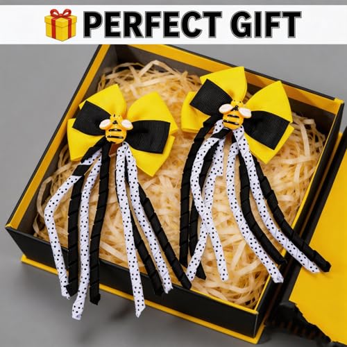 Pinzas para el pelo Yellow Bee Bow para niñas, 2 piezas, lazos rizados con puntos, clips para cabello para salidas de primavera y peinados diarios miniatura 5