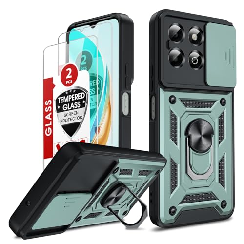 LeYi for Honor X6b Phone Case 2 Pack Screen Protectors Ring Stand Holder Military Shockproof Rugged Mobile Phone Cover with Camera Lens Slide Design for Honour X6b 4G Green