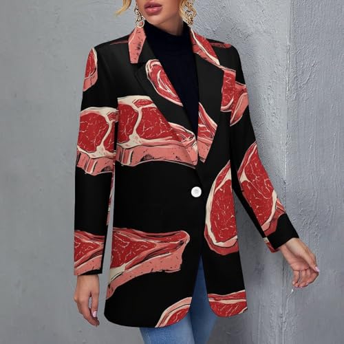 Meat Red Steaks Casual Blazers for Women Long Sleeve Button Suit Jacket Lightweight Business Coat2