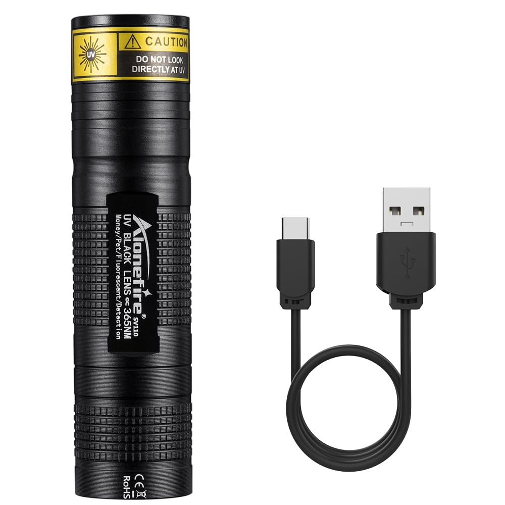 Alonefire SV110 Torcia UV LED Piccolo Professionale 365nm USB C Ricaricabile Mini Lampada Ultravioletti per Resina, Pesca, Fluoresceina, Rilevatore di Urina,Minerali con Batteria Incorporata