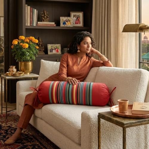 Image of SAJAVAT HOME Ruby Red Cotton Stripe Bolster Cover Set of 3 | 15x30 Inches Machine Woven Side Pillow Covers with Tie Closure for Sofa, Couch & Diwan