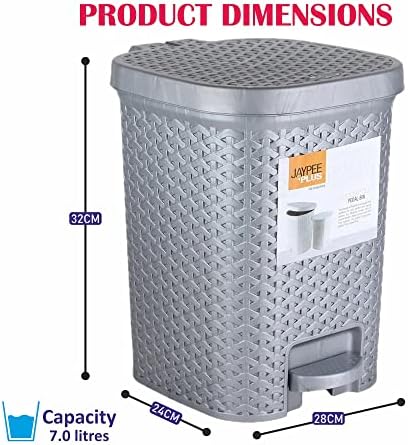 7 Litre Bottle Grey/Silver Rattan Style Square Plastic Foot Pedal Bins Household Rubbish Bin Bathroom Bins Pedal Waste Trash Bin Dustbin For Home Kitchen Office Bedroom (With Removable Inner Bucket)